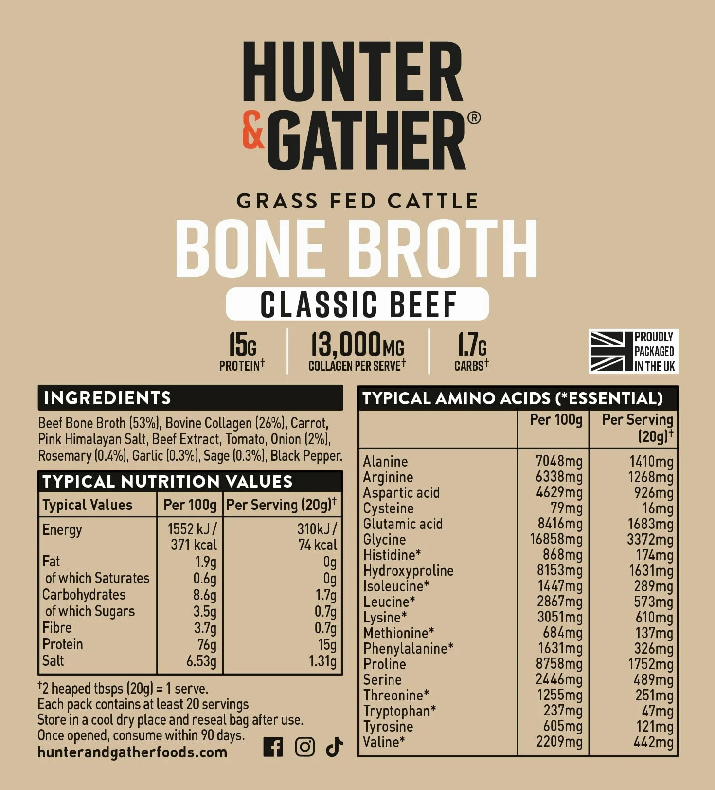 Hunter & Gather Caldo de Hueso de Ternera en Polvo | 15 g de Proteína | Colágeno de Ternera Alimentada con Pasto de Europa | Bebida Salada Instantánea o Refuerzo para Cocinar | Sin Refrigeración | 20