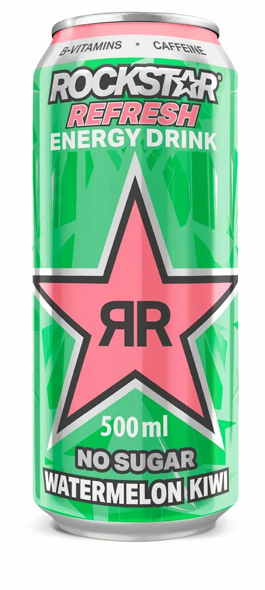 Rockstar watermelon kiwi Bebida energética con cafeína y cero azúcar con sabor a sandía y kiwi, pack de 12 latas de 500 ml, 6 litros en total