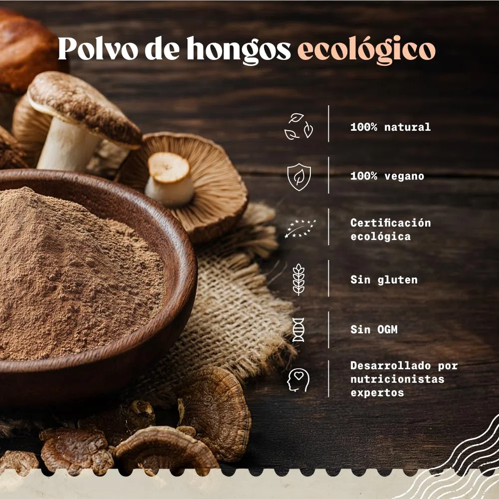 NaturaleBio Mezcla de Setas en Polvo de 200g. Aumenta la energía, Mejora la función cognitiva, favorece la Salud intestinal y fortalece el Sistema inmune. Ecológica, Vegana, sin Gluten y sin OGM.