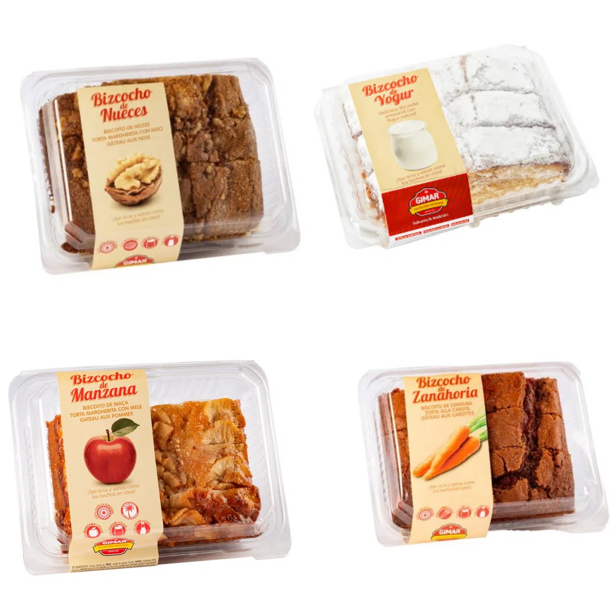 Bizcochos Surtidos Gimar Pack 4 Bizcochos: Bizcocho Nueces - Bizcocho Zanahoria - Bizcocho Manzana - Bizcocho Yogurt - Pack de 4 Bizcochos.