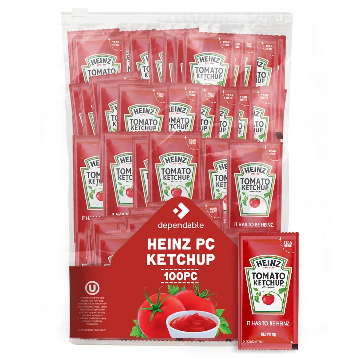 Heinz - Paquetes de ketchup, 100 unidades, paquete de condimentos de una sola porción, sin gluten, kosher, ketchup en bolsa de sellado deslizante segura para alimentos