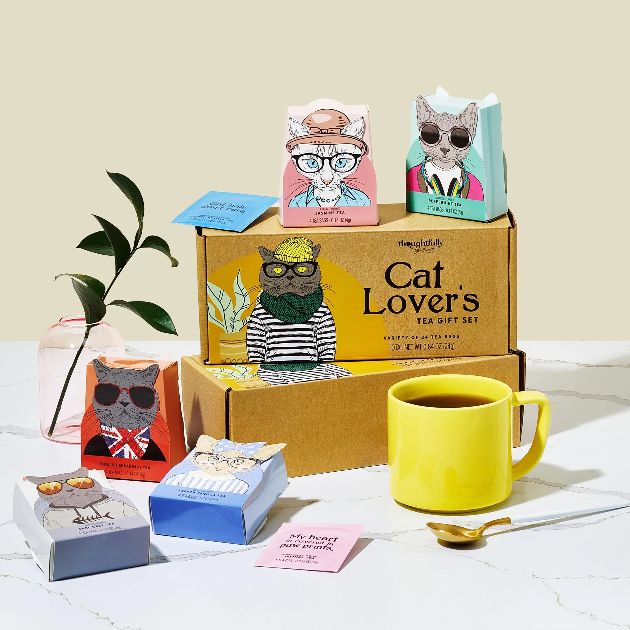 Thoughtfully Gourmet, juego de regalo de té para amantes de los gatos, incluye 24 tés en 6 sabores con elegante arte de gatos y citas divertidas para mamás de gatos y papás de gatos, juego de 24