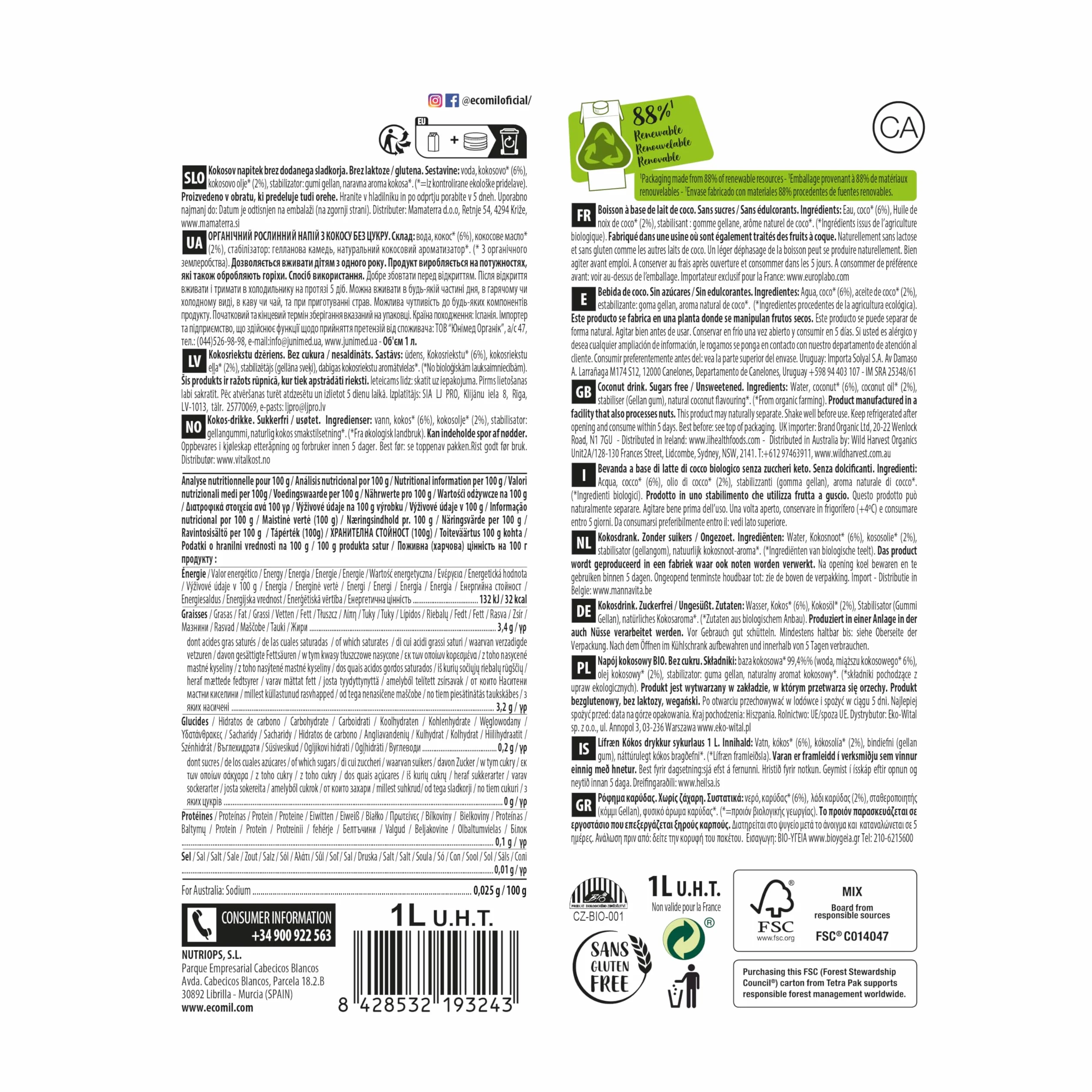 Ecomil - Bebida Vegetal de Coco Eco, Pack 6 x 1 Litro, Sin Gluten, Sin Azúcares Añadidos, Apta para Dietas Keto y Veganas, Sin Aditivos