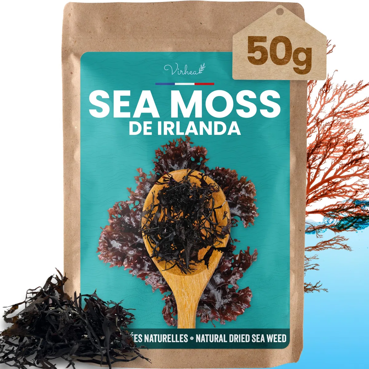 VIRHEA® Sea Moss Musgo de Mar Entero Deshidratado 50g - Alga Marina Natural para Sopa, Espuma y Bienestar - Fuente de Energía y Nutrientes para la Piel, el Eczema y la Salud General