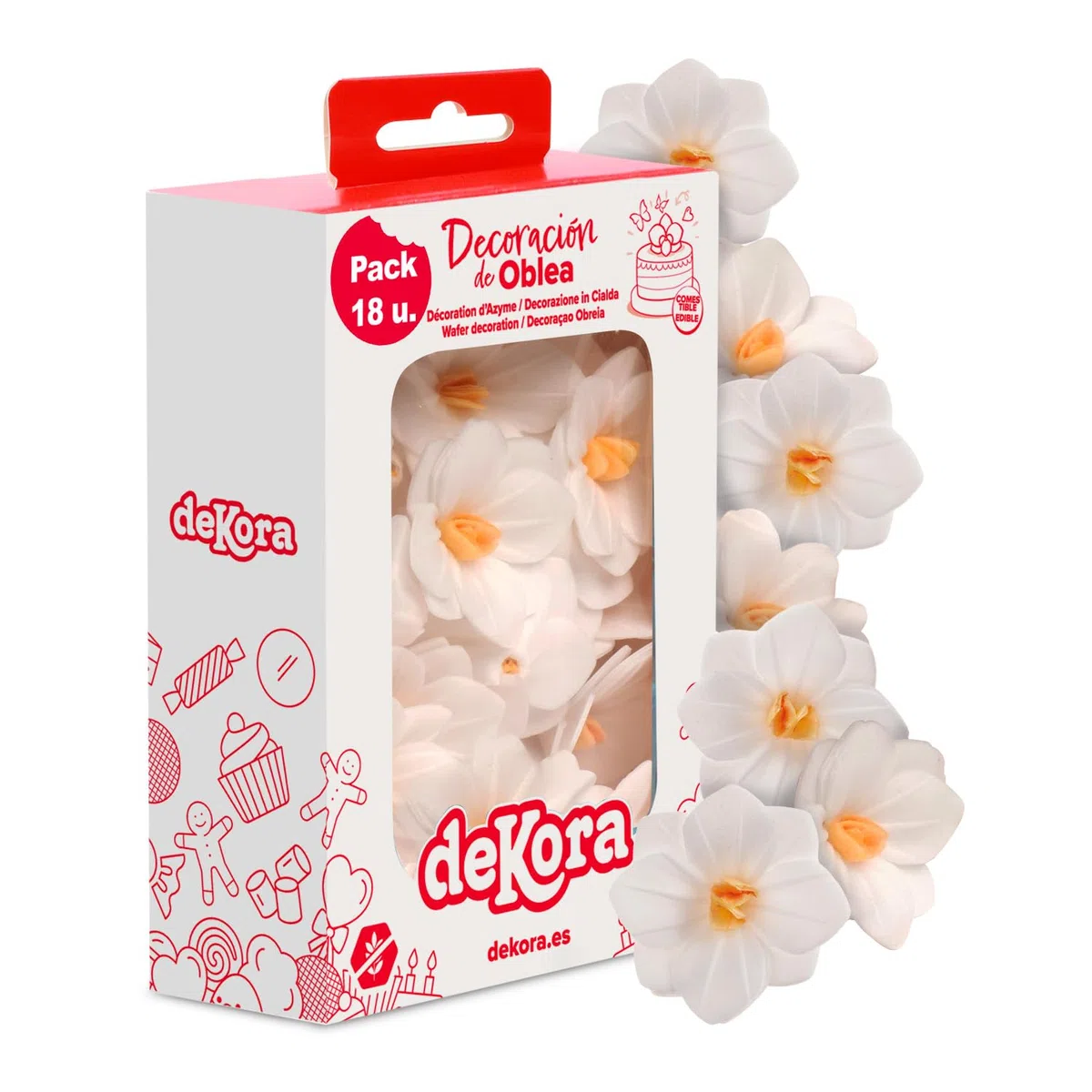dekora – Flores Comestibles para tartas, 18 camelias blancas de oblea, 4 cm, sin azúcar, sin gluten, sin lactosa, Adornos Comestibles para Tartas, Cumpleaños y Bodas