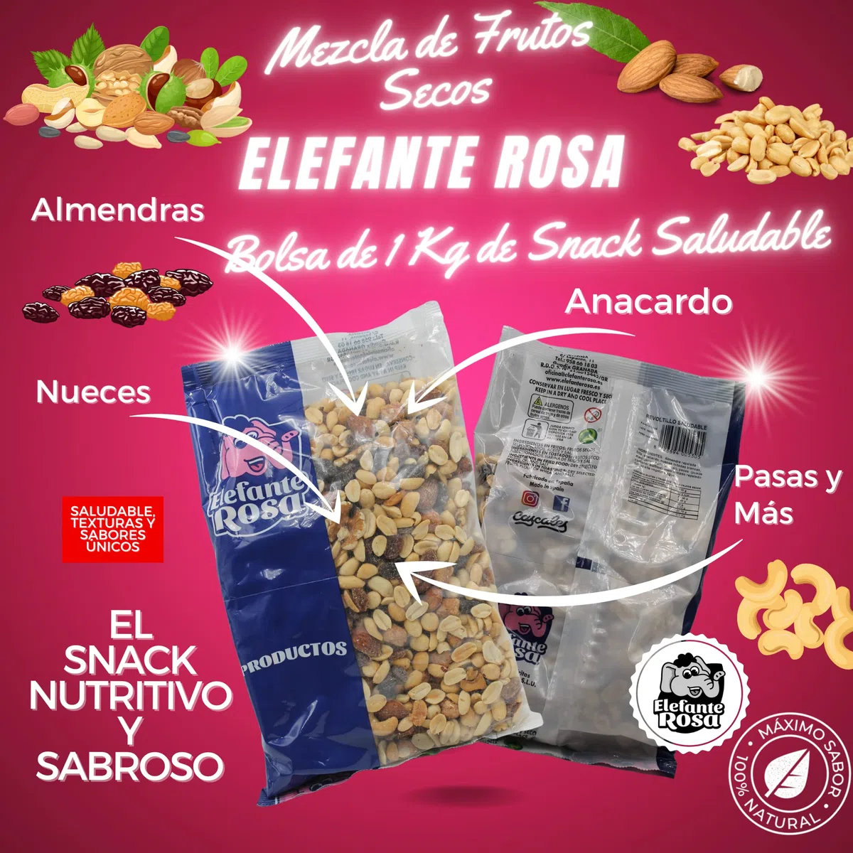 Mezcla Premium de Coctel Frutos Secos Naturales Bolsa 1 Kg El Elefante Rosa - Almendras, Anacardos, Nueces, Pasas y Más - Variedad de Texturas y Sabores para un Snack Saludable y Delicioso