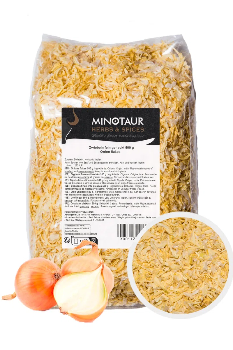 Minotaur Spices | Cebollas finamente picadas | 2 x 500 g (1 Kg) | Copos de Cebolla Seca