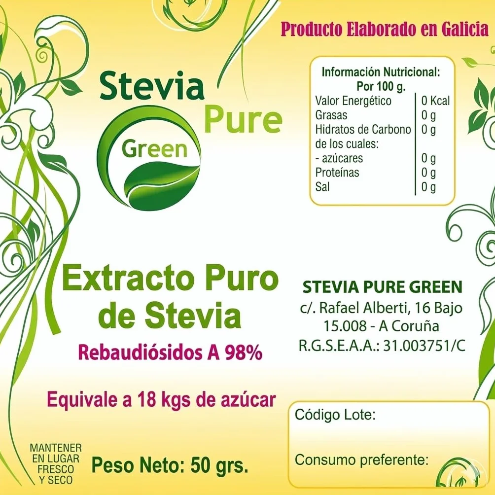 Stevia Gallega Pure green en Polvo (50g) – Extracto Puro al 98% Reb-A, Alta Concentración (1 Tarro = 18kg Azúcar) – Edulcorante Natural para Repostería, Postres y Cocina Saludable