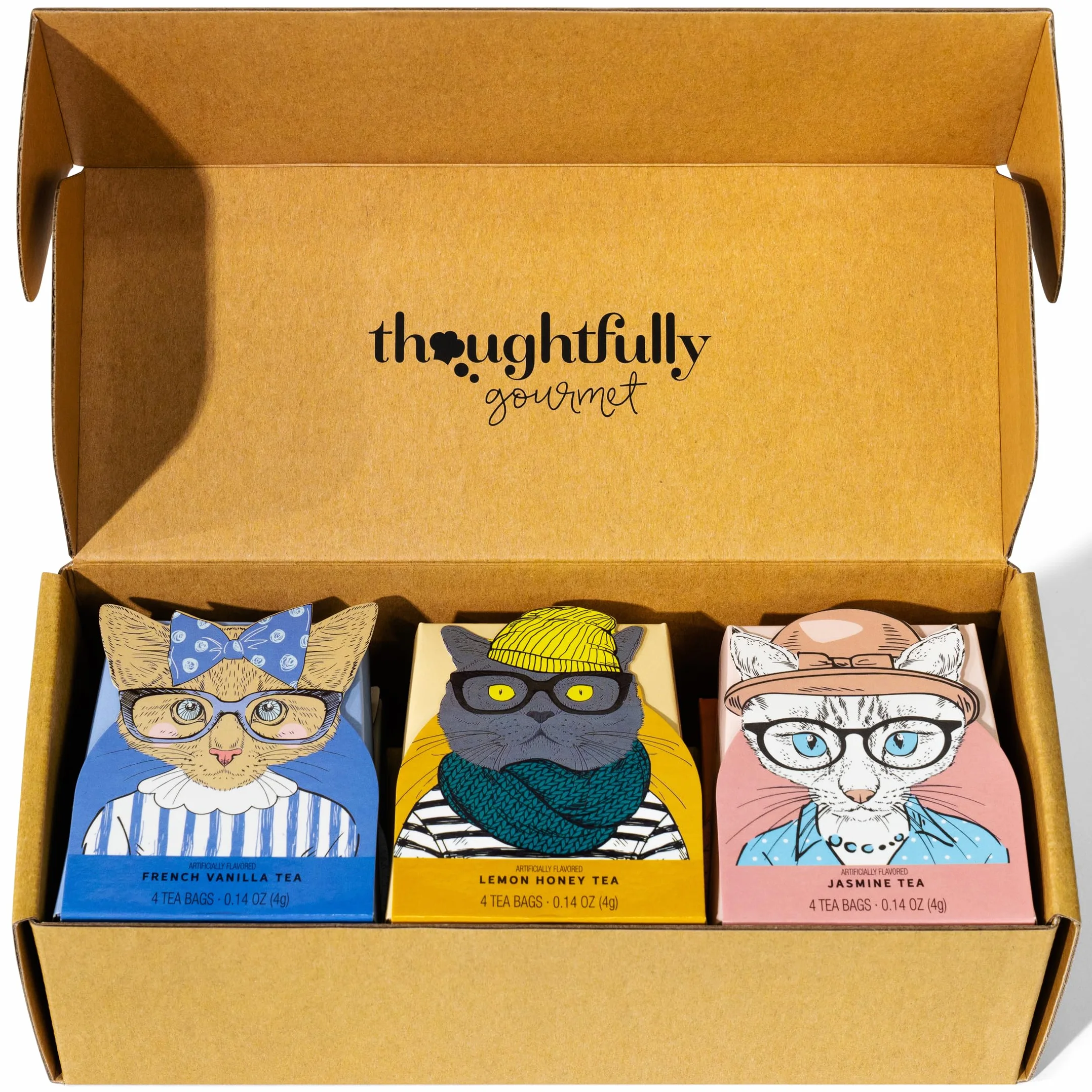 Thoughtfully Gourmet, juego de regalo de té para amantes de los gatos, incluye 24 tés en 6 sabores con elegante arte de gatos y citas divertidas para mamás de gatos y papás de gatos, juego de 24