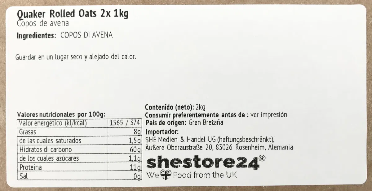 Rolled Oat Copos de avena 2x 1kg - importado de Shestore24