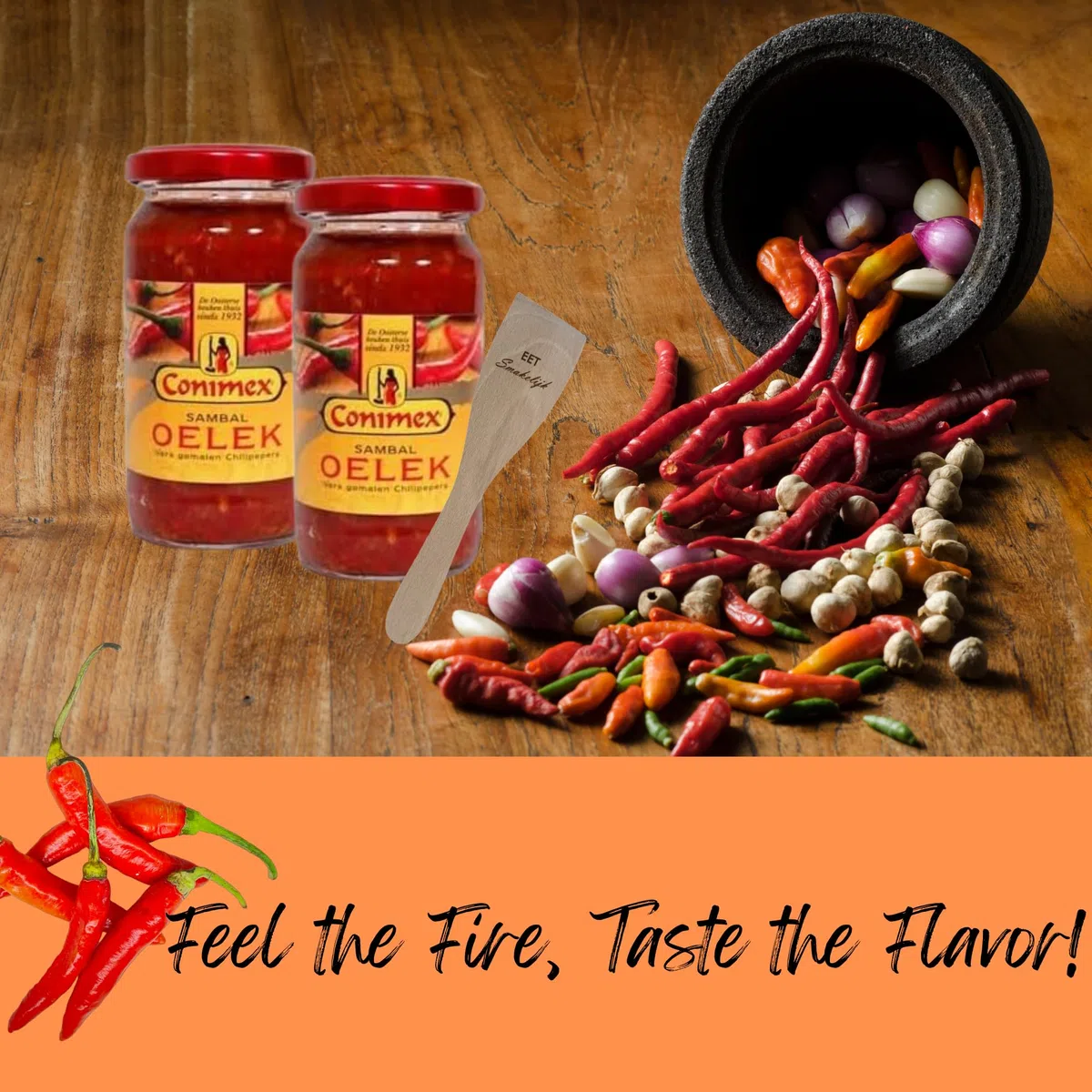 Sambal Oelek - Pasta de chile picante, salsa roja picante, tarros de vidrio de 11 onzas, 2 unidades, con esparcidor de madera Eet Smakelijk para cocinar cocina indonesia y comida asiática