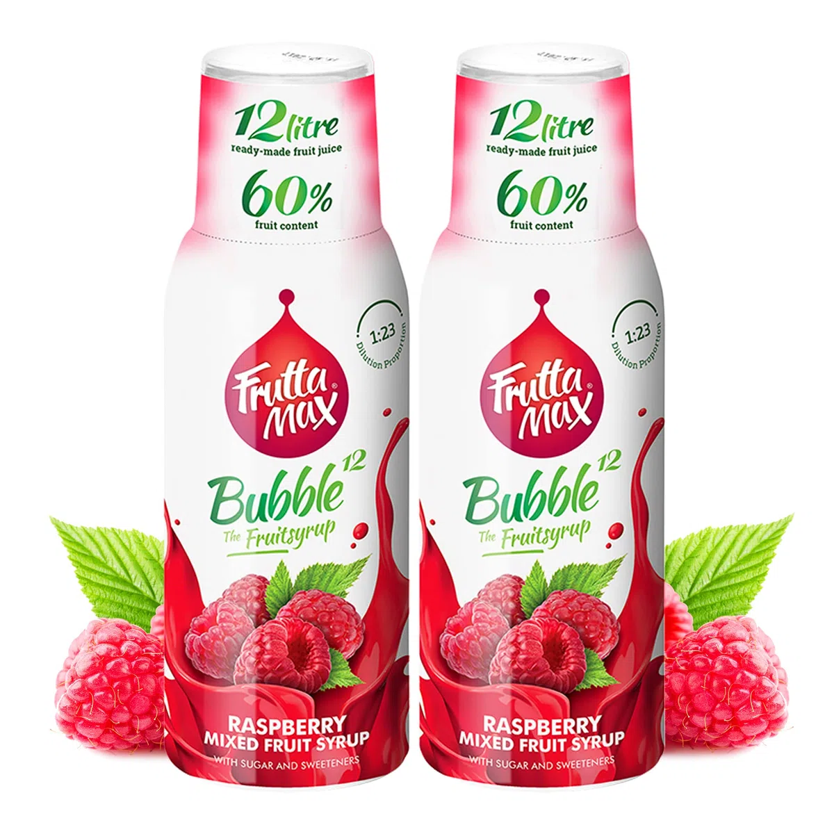 2 paquetes - FruttaMax - Concentrado de jarabe de frutas | Menos azúcar | con un 60% de contenido de fruta | adecuado para máquina de refrescos (2 x 500 ml) (2 x Frambuesa)