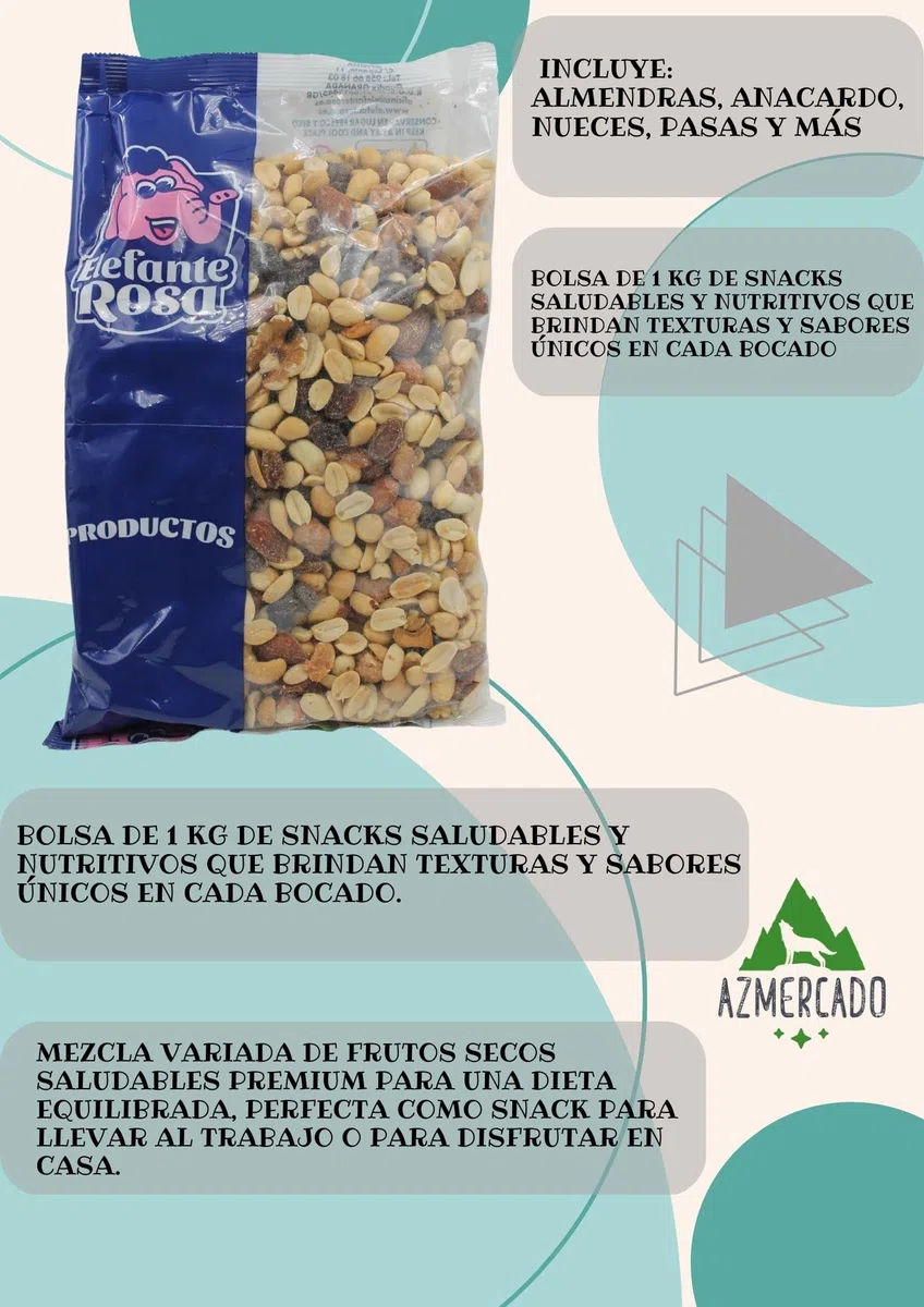 Mezcla Premium de Coctel Frutos Secos Naturales Bolsa 1 Kg El Elefante Rosa - Almendras, Anacardos, Nueces, Pasas y Más - Variedad de Texturas y Sabores para un Snack Saludable y Delicioso