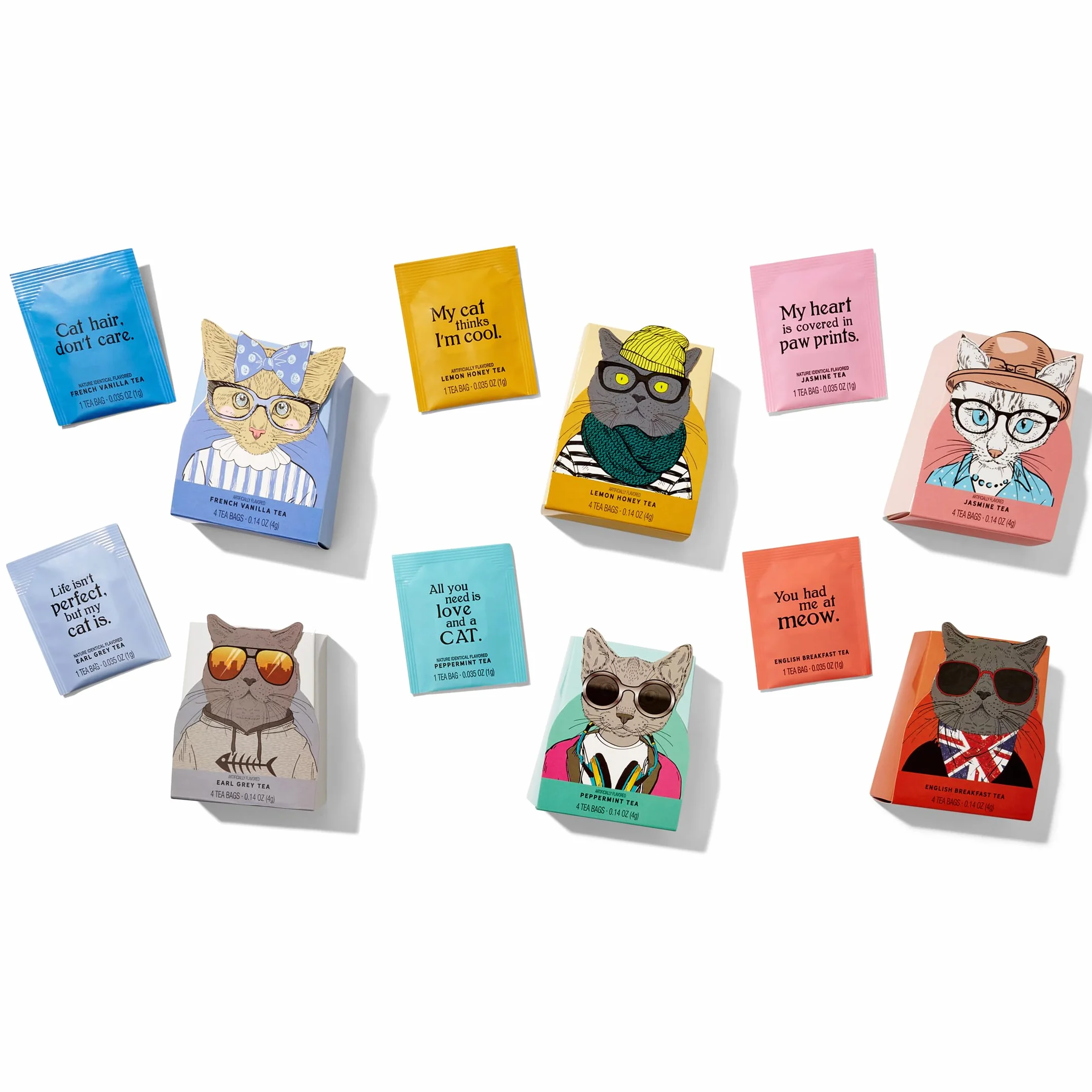 Thoughtfully Gourmet, juego de regalo de té para amantes de los gatos, incluye 24 tés en 6 sabores con elegante arte de gatos y citas divertidas para mamás de gatos y papás de gatos, juego de 24