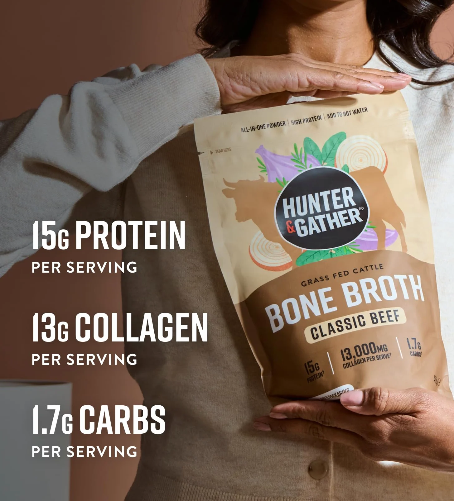Hunter & Gather Caldo de Hueso de Ternera en Polvo | 15 g de Proteína | Colágeno de Ternera Alimentada con Pasto de Europa | Bebida Salada Instantánea o Refuerzo para Cocinar | Sin Refrigeración | 20