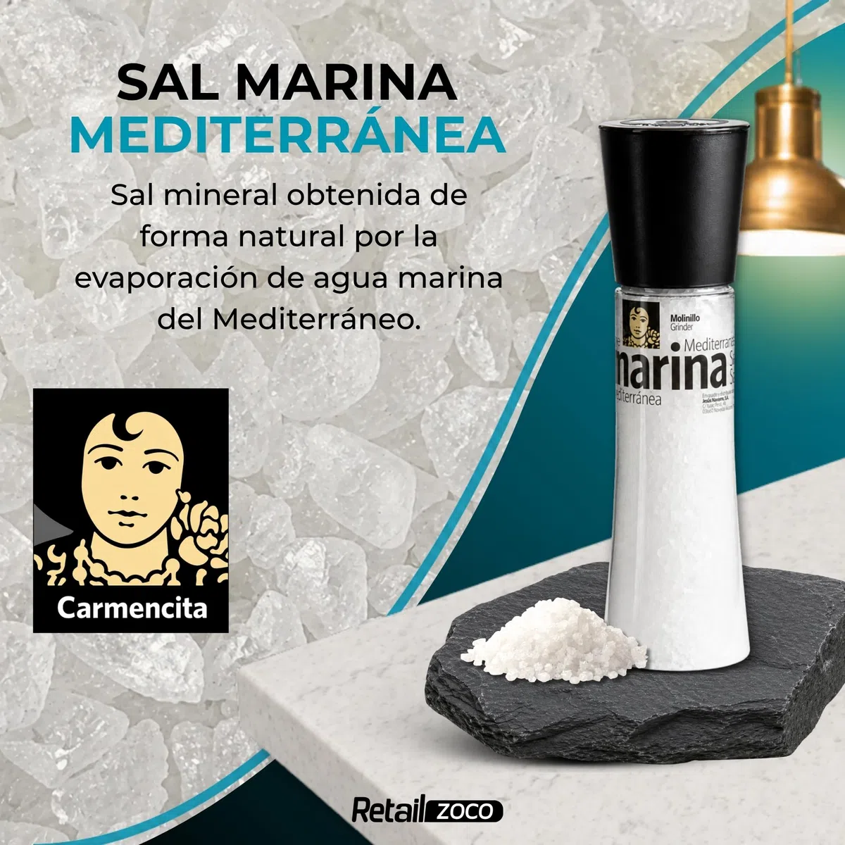 Sal Marina Mediterránea Carmencita, Formato molinillo gigante, Apta para realzar tus platos, sazonar carnes, pescados y verduras, especialmente a la parrilla, Sin Gluten, Contiene 2 unidades de 360 g