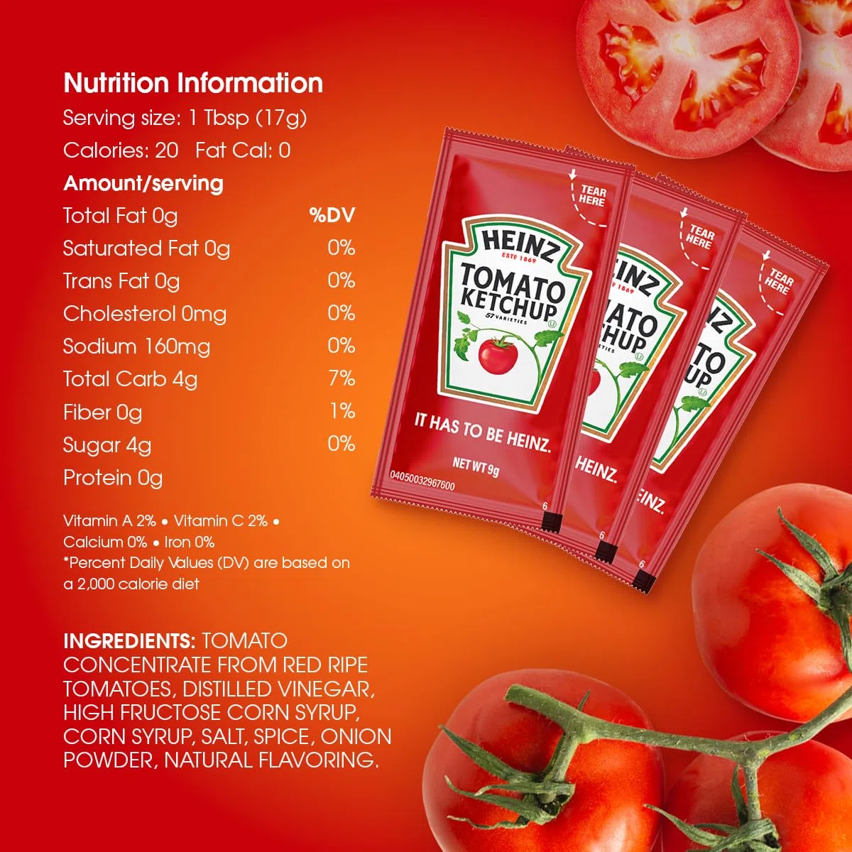 Heinz - Paquetes de ketchup, 100 unidades, paquete de condimentos de una sola porción, sin gluten, kosher, ketchup en bolsa de sellado deslizante segura para alimentos