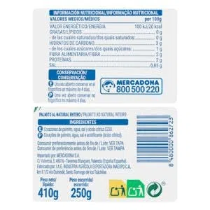 Palmito al natural entero Hacendado Tarro 410 g (250 g escurrido) Pack 2