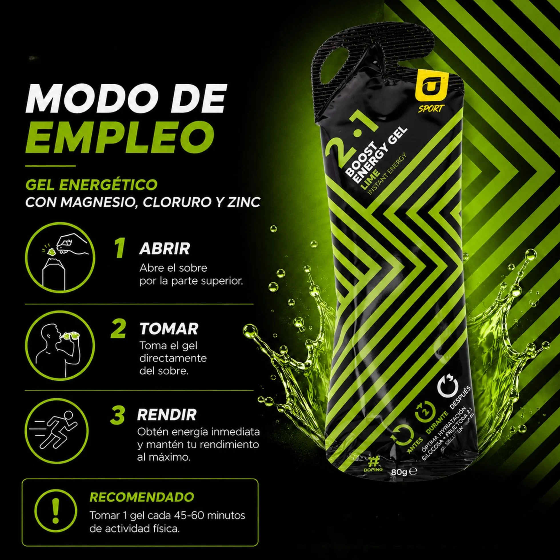 PACK 6 Gel Energético con Magnesio + Glucosa + Electrolitos y Zinc para Deportistas Ciclismo Running y Calambres Musculares - Sabor Limón Sin Gluten - Sobres Apto Veganos | RECUPERATION