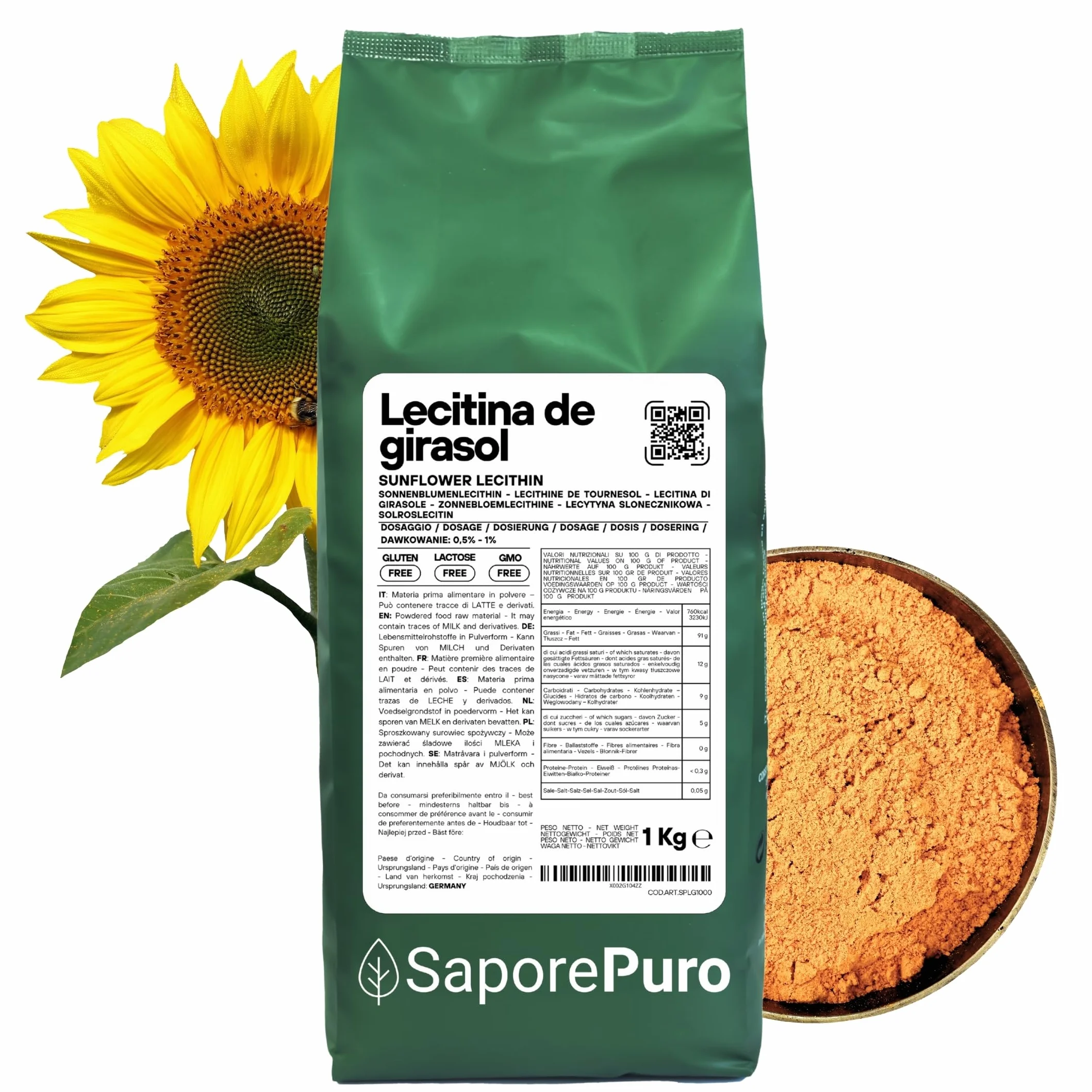 SaporePuro Lecitina de Girasol en Polvo 1000 g – Emulsionante Natural SIN GLUTEN