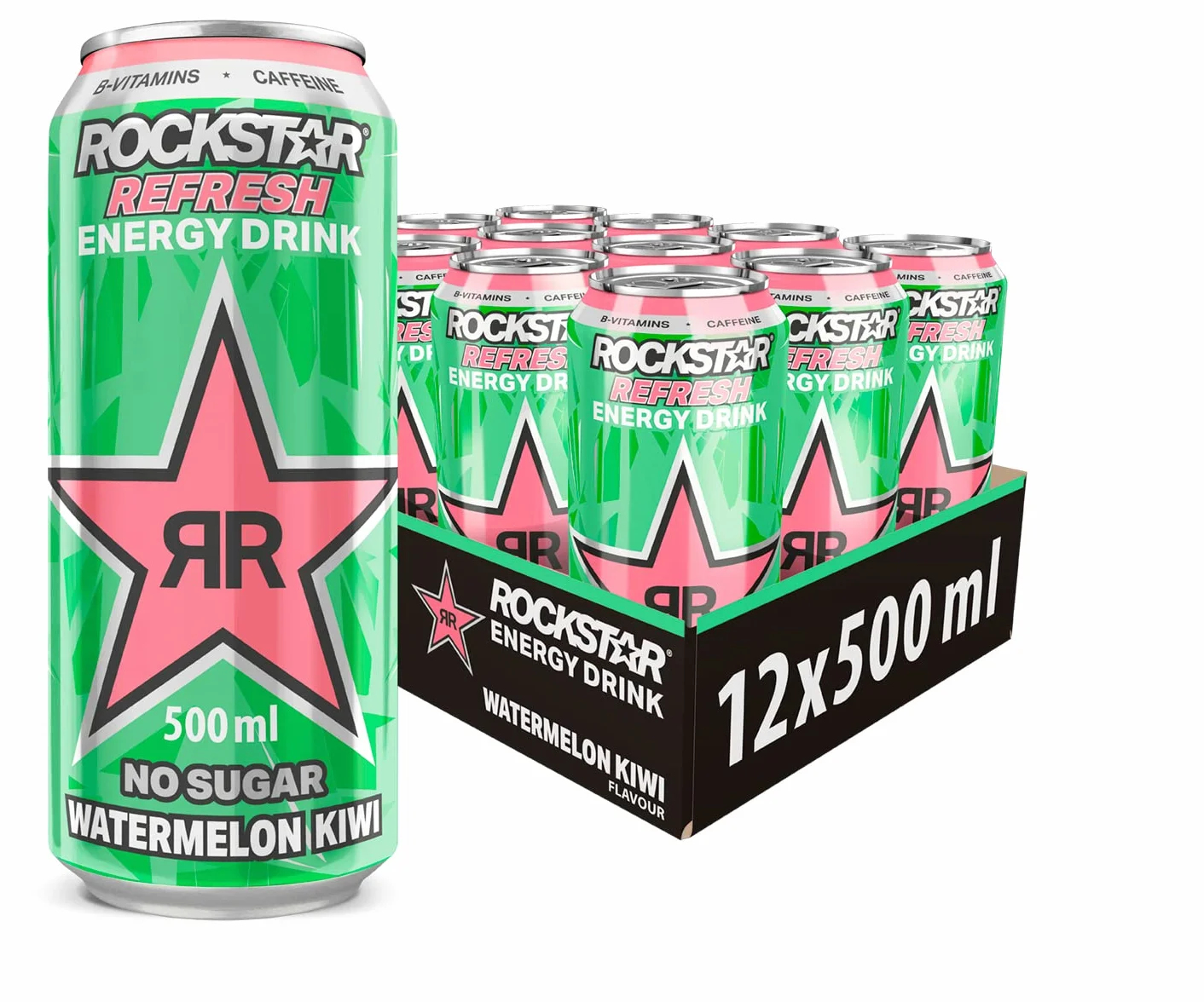 Rockstar watermelon kiwi Bebida energética con cafeína y cero azúcar con sabor a sandía y kiwi, pack de 12 latas de 500 ml, 6 litros en total