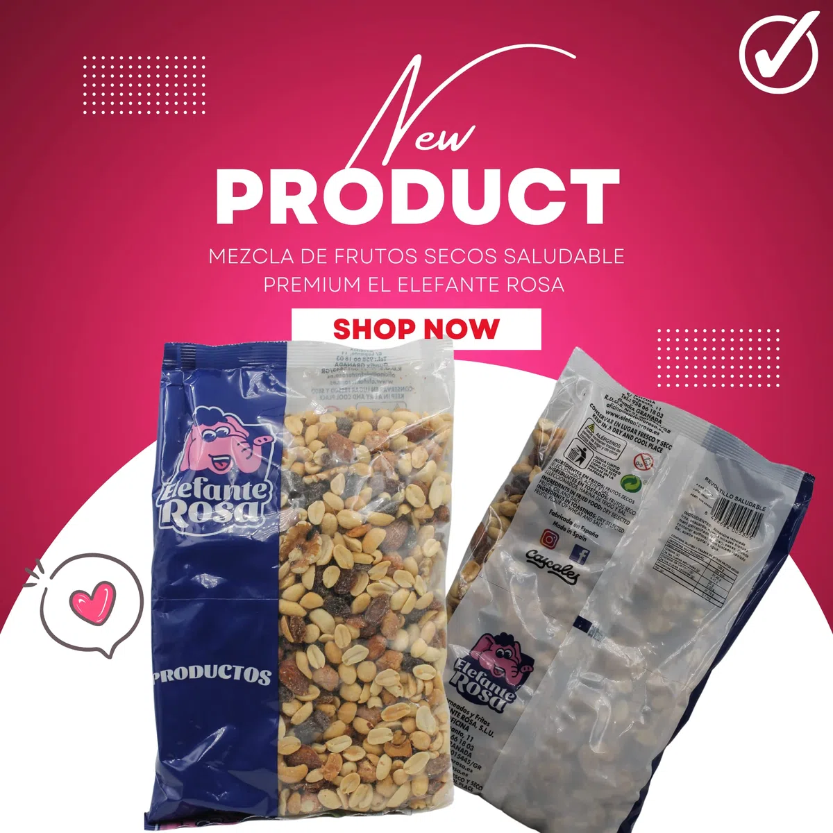 Mezcla Premium de Coctel Frutos Secos Naturales Bolsa 1 Kg El Elefante Rosa - Almendras, Anacardos, Nueces, Pasas y Más - Variedad de Texturas y Sabores para un Snack Saludable y Delicioso