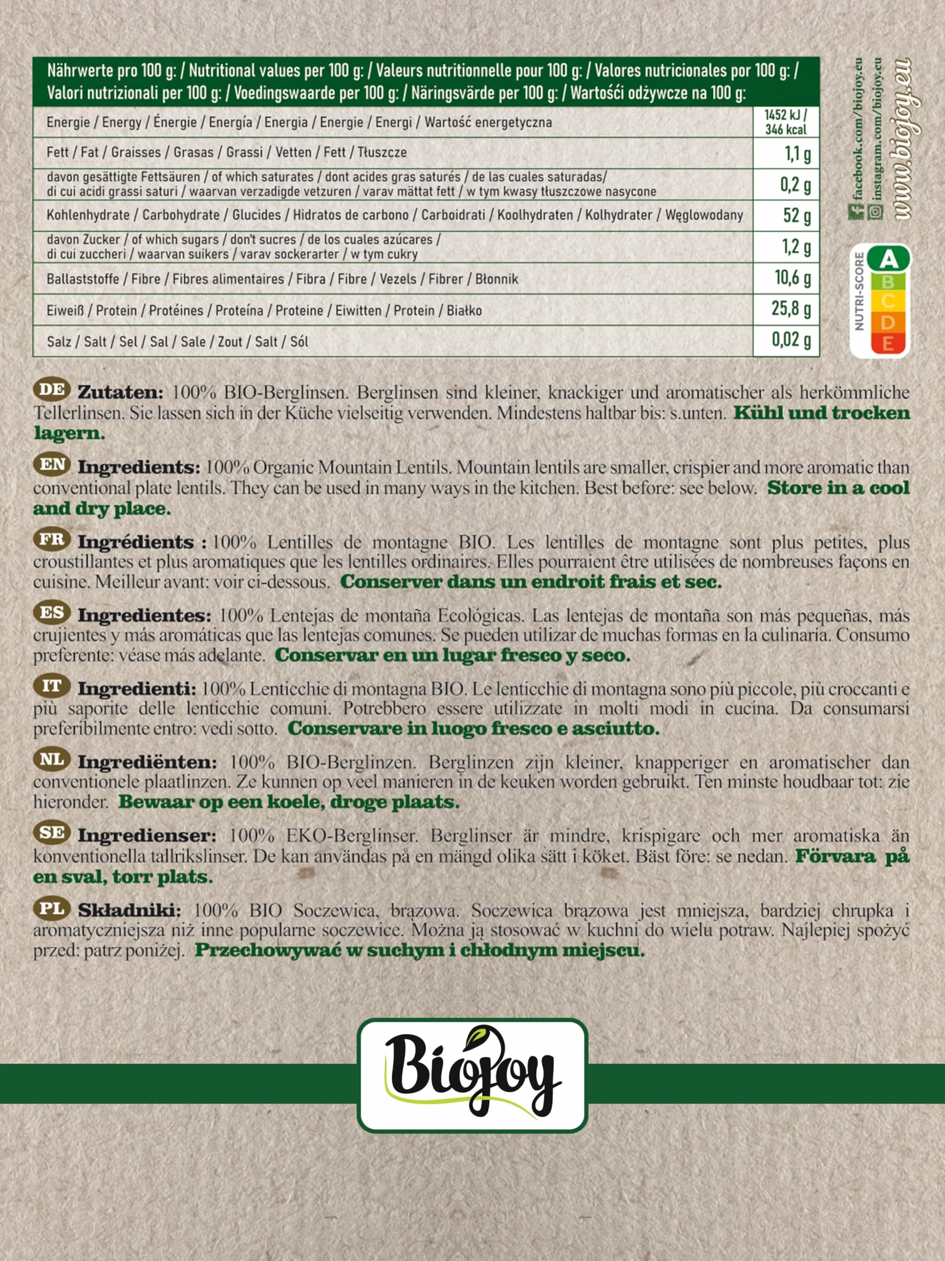 Biojoy Lentejas marrones BÍO (1,5 kg), secas y enteras, lentejas de montaña
