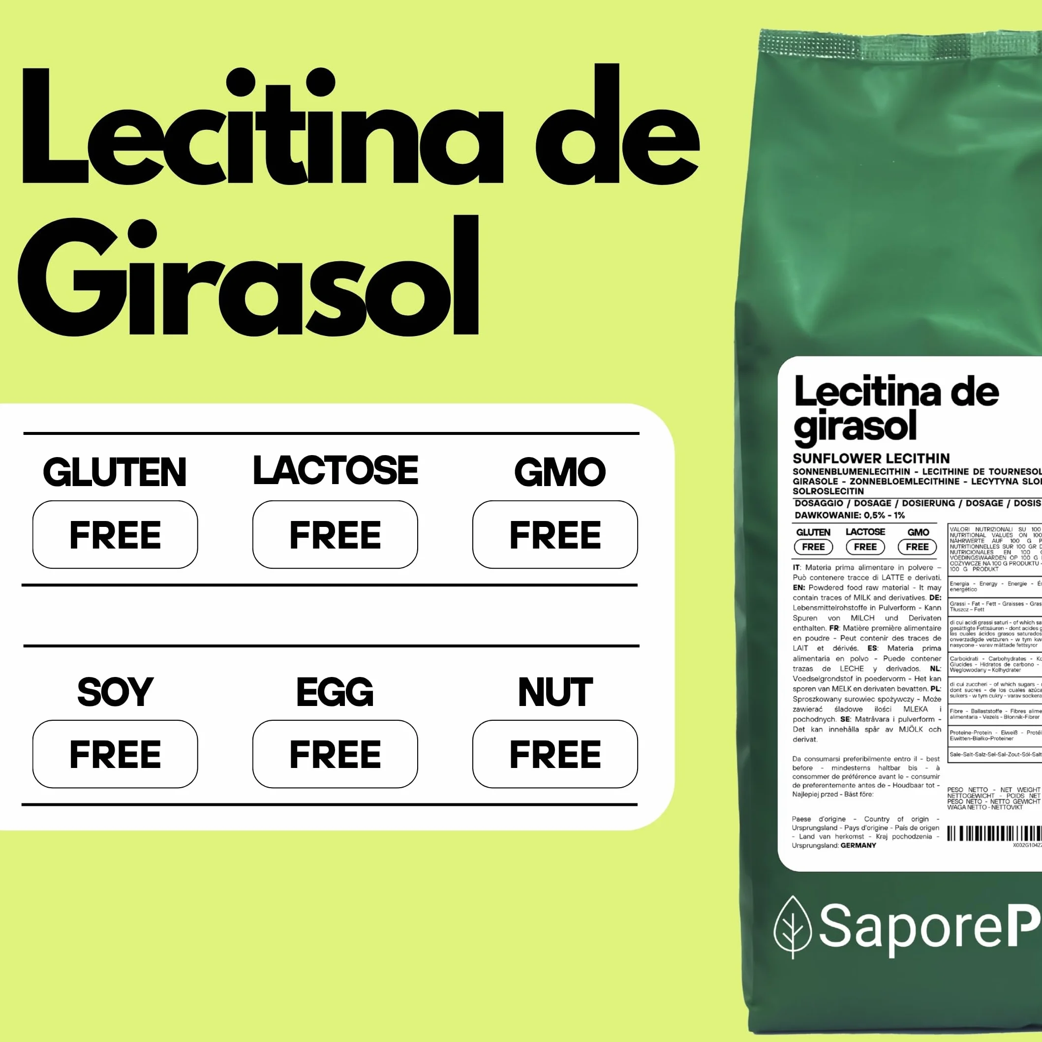 SaporePuro Lecitina de Girasol en Polvo 1000 g – Emulsionante Natural SIN GLUTEN