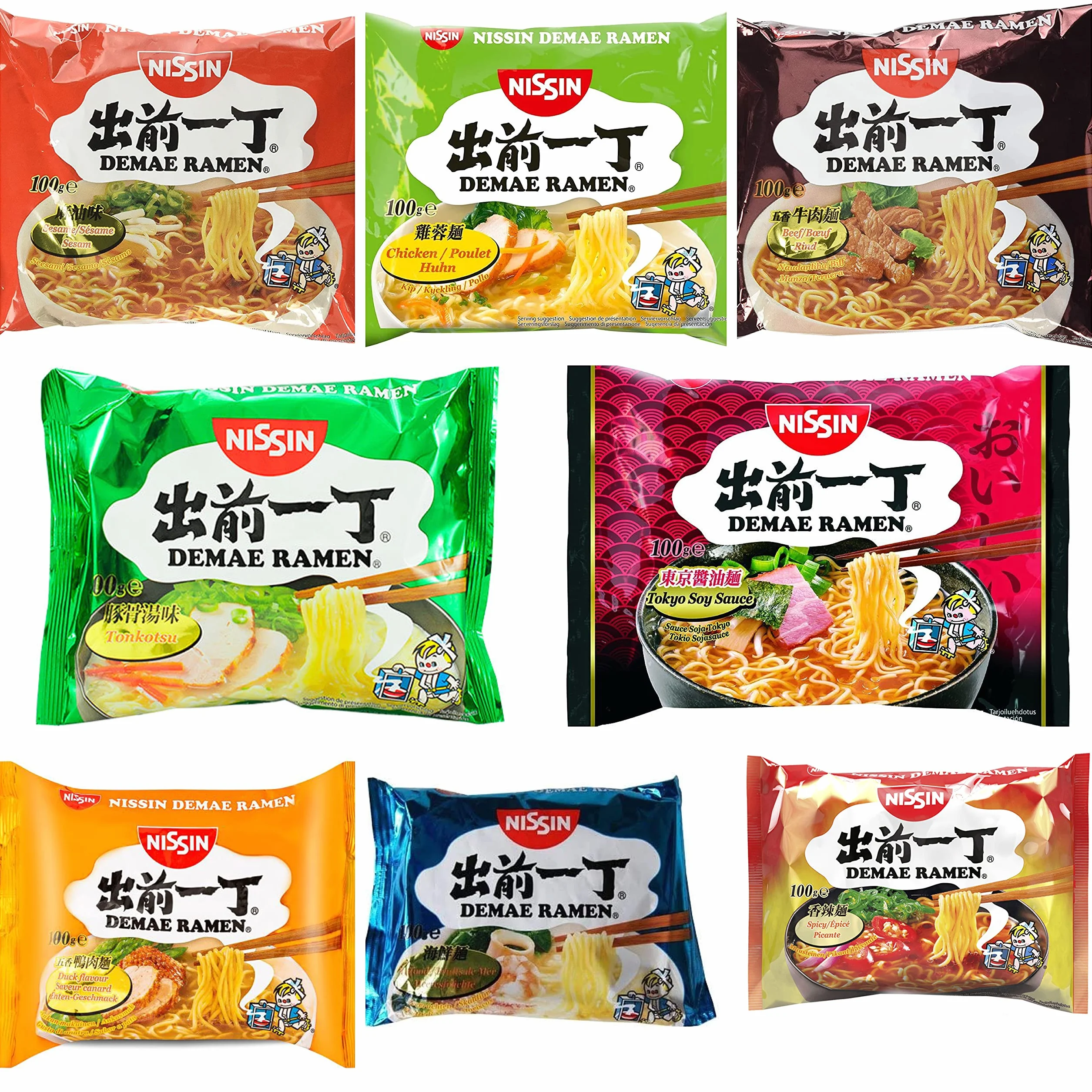 Nissin Demae Instant Noodles Ramen 8 PAQUETES MEZCLADOS - Tonkotsu, pollo, ternera, mariscos, sésamo picante, gambas, salsa de soja, pollo con ajo (100 g)