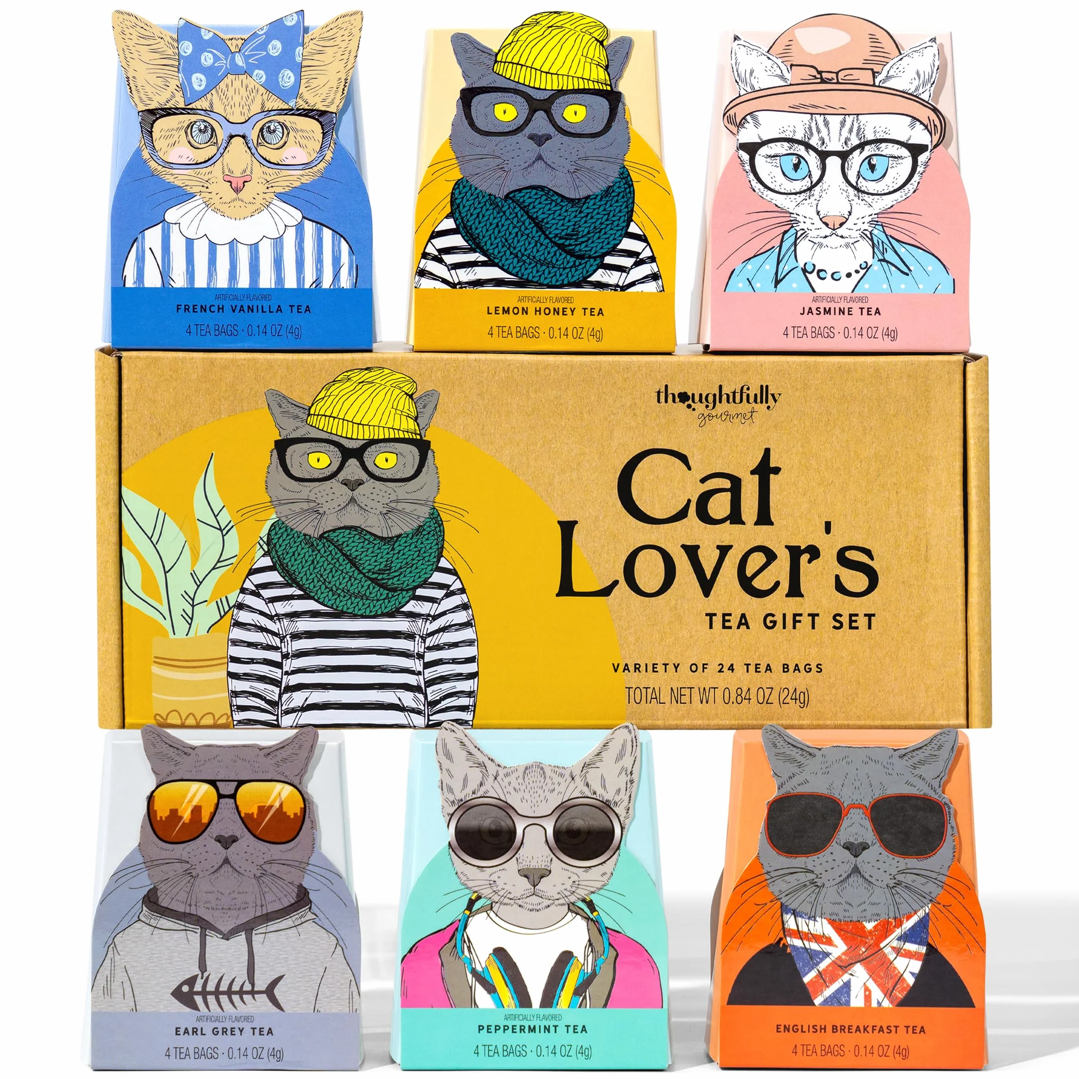 Thoughtfully Gourmet, juego de regalo de té para amantes de los gatos, incluye 24 tés en 6 sabores con elegante arte de gatos y citas divertidas para mamás de gatos y papás de gatos, juego de 24