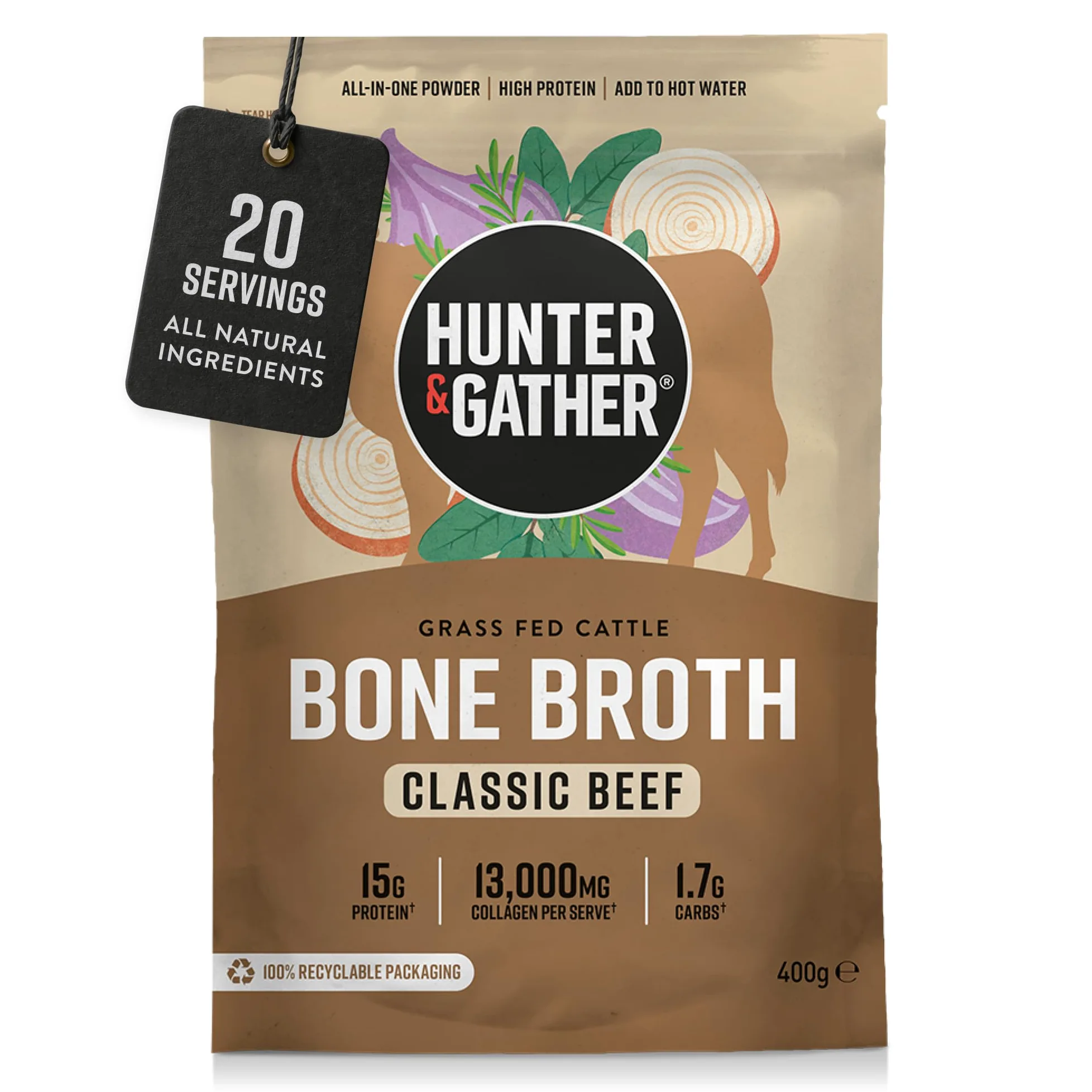 Hunter & Gather Caldo de Hueso de Ternera en Polvo | 15 g de Proteína | Colágeno de Ternera Alimentada con Pasto de Europa | Bebida Salada Instantánea o Refuerzo para Cocinar | Sin Refrigeración | 20
