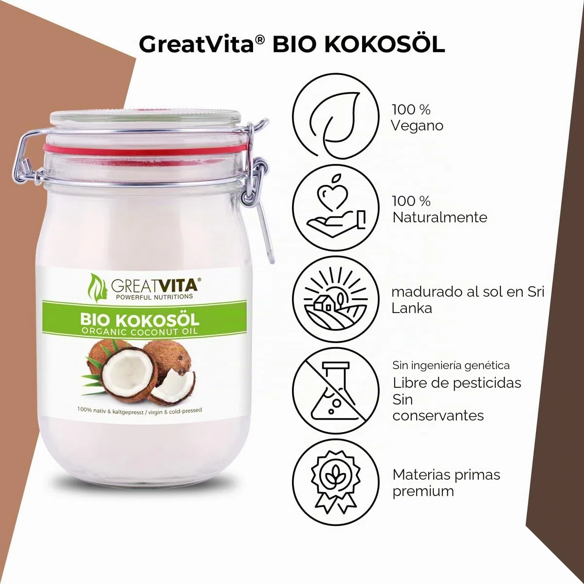 Aceite puro de coco virgen extra orgánico MeaVita 1 Litre (1 X 1000 ml)