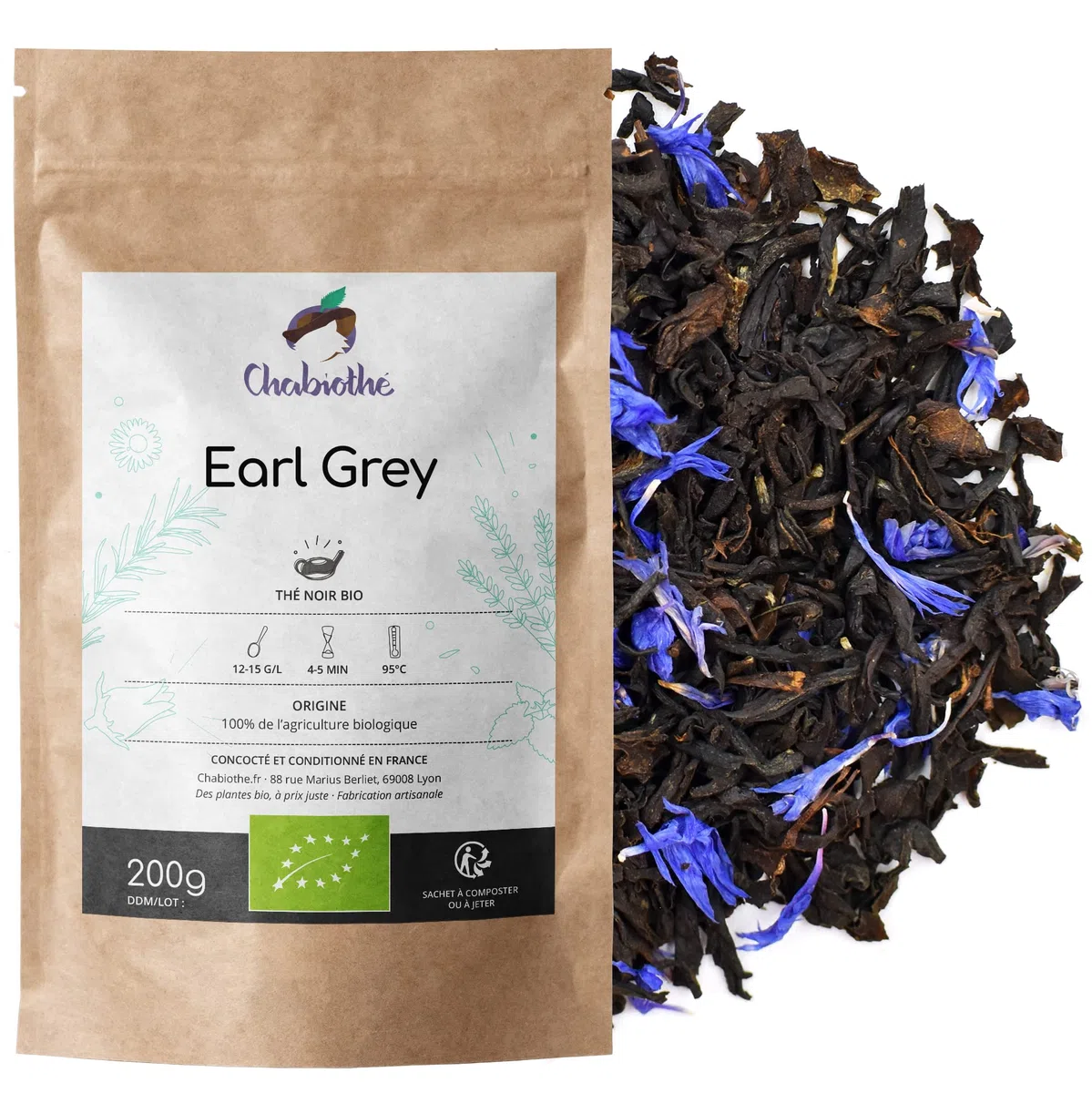 Té Negro Earl Grey BIO 200g - orgánico bergamota y flores de aciano - bolsa biodegradable
