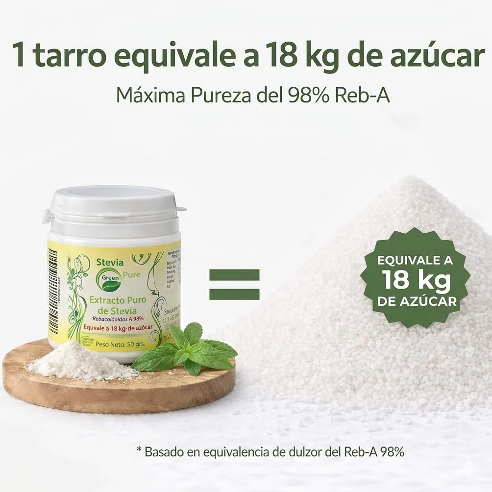 Stevia Gallega Pure green en Polvo (50g) – Extracto Puro al 98% Reb-A, Alta Concentración (1 Tarro = 18kg Azúcar) – Edulcorante Natural para Repostería, Postres y Cocina Saludable