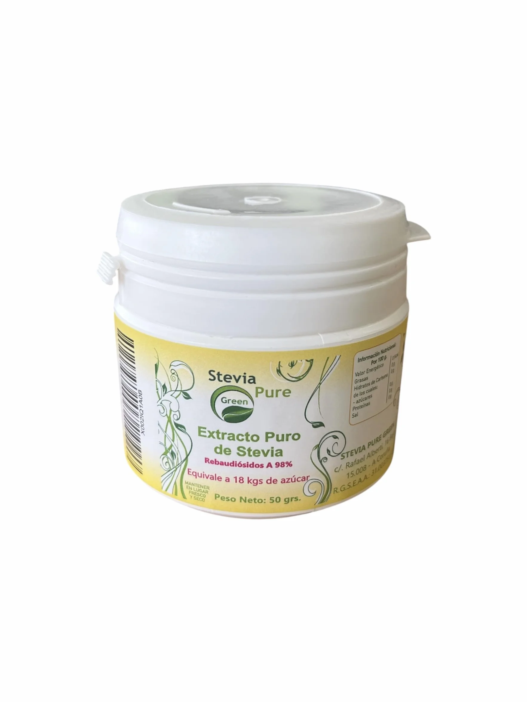Stevia Gallega Pure green en Polvo (50g) – Extracto Puro al 98% Reb-A, Alta Concentración (1 Tarro = 18kg Azúcar) – Edulcorante Natural para Repostería, Postres y Cocina Saludable