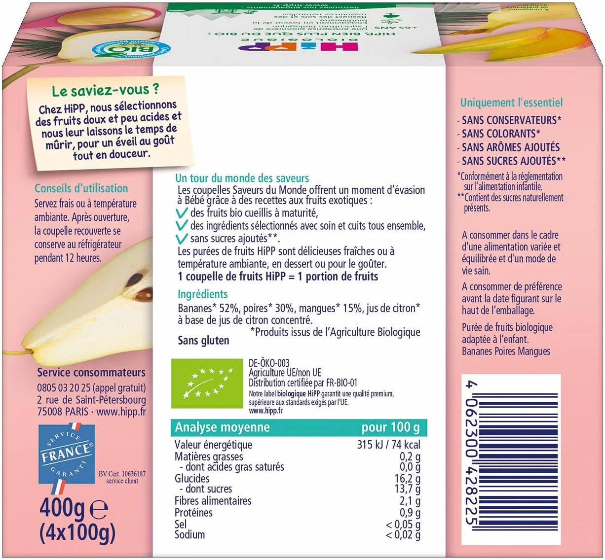 HiPP Biologique Cuencos de plátano, pera y mango 4 x 100 g