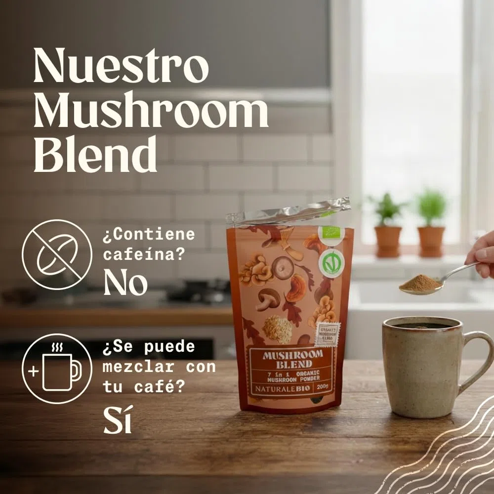 NaturaleBio Mezcla de Setas en Polvo de 200g. Aumenta la energía, Mejora la función cognitiva, favorece la Salud intestinal y fortalece el Sistema inmune. Ecológica, Vegana, sin Gluten y sin OGM.