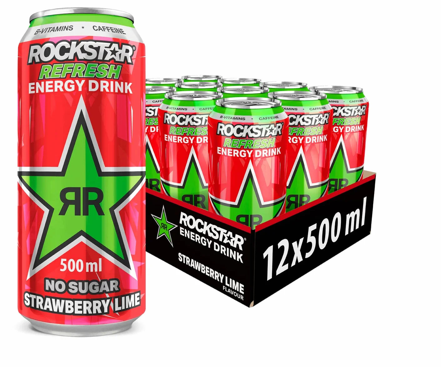 Rockstar strawberry Lime Bebida energética con cafeína y cero azúcar con sabor a limón y fresa, pack de 12 latas de 500 ml, 6 litros en total