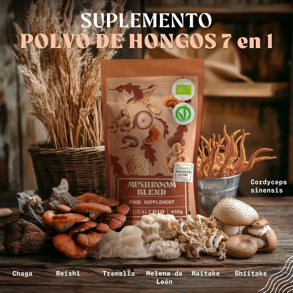 NaturaleBio Mezcla de Setas en Polvo de 200g. Aumenta la energía, Mejora la función cognitiva, favorece la Salud intestinal y fortalece el Sistema inmune. Ecológica, Vegana, sin Gluten y sin OGM.