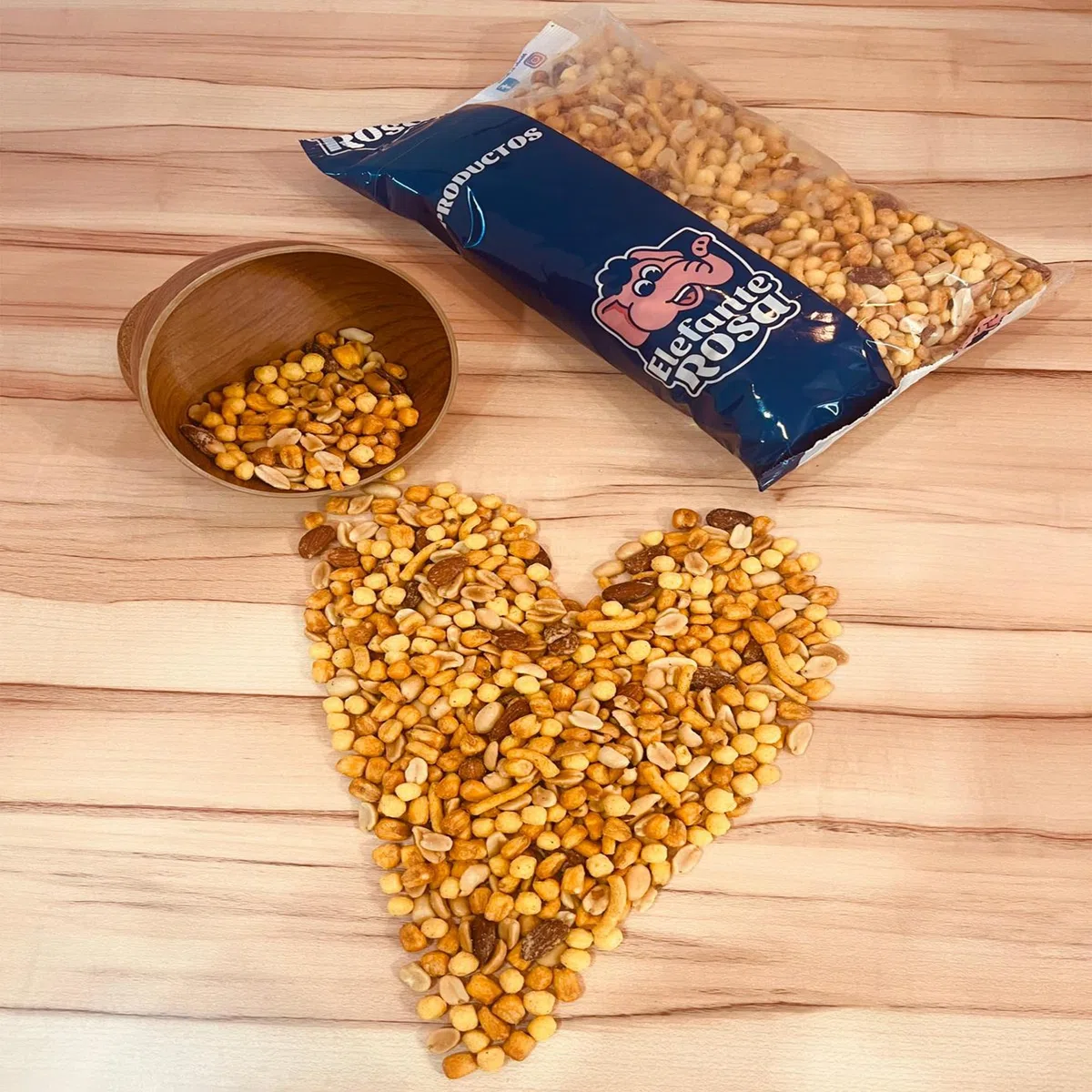 Mix Frutos Secos Almendras y Maíz Frito · El Elefante Rosa Tueste Artesanal · Bolsa 1Kg · Snack y Aperitivos