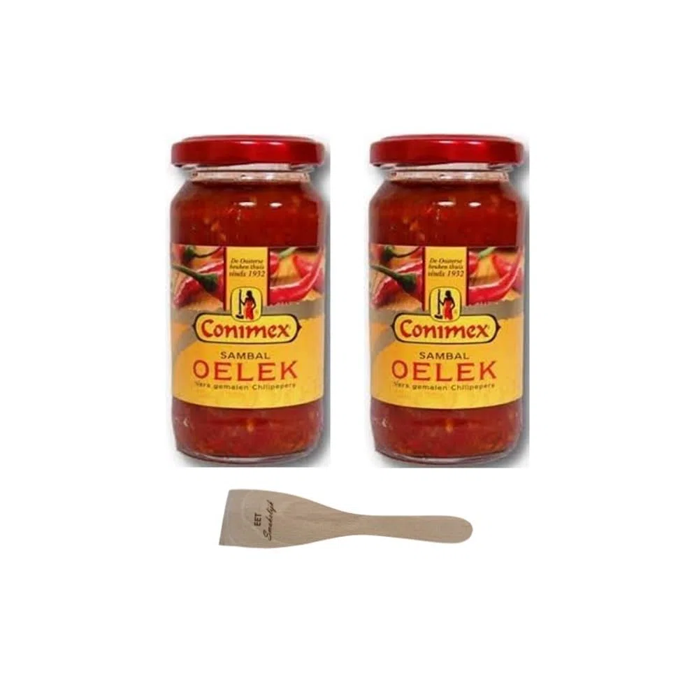 Sambal Oelek - Pasta de chile picante, salsa roja picante, tarros de vidrio de 11 onzas, 2 unidades, con esparcidor de madera Eet Smakelijk para cocinar cocina indonesia y comida asiática