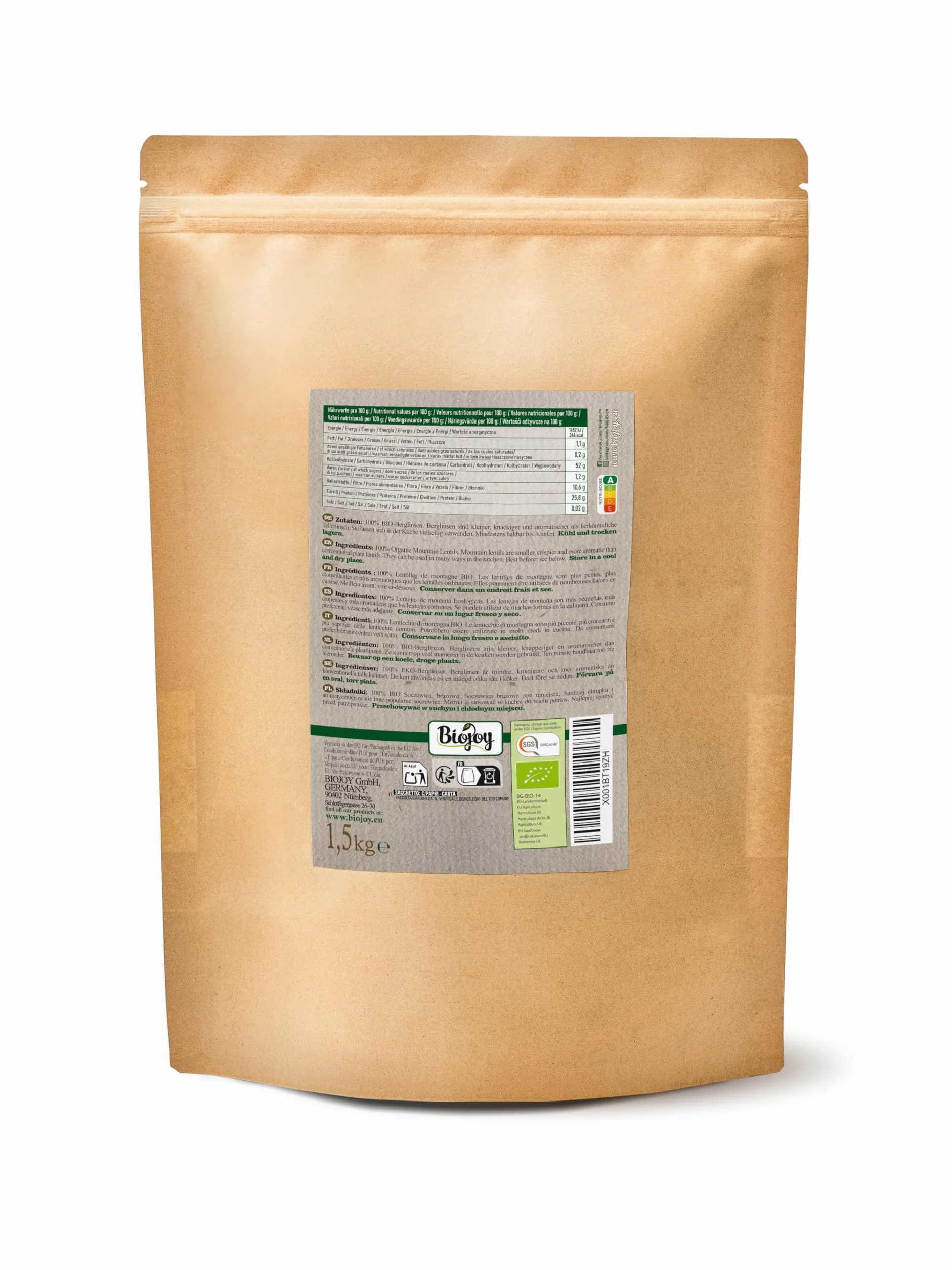 Biojoy Lentejas marrones BÍO (1,5 kg), secas y enteras, lentejas de montaña
