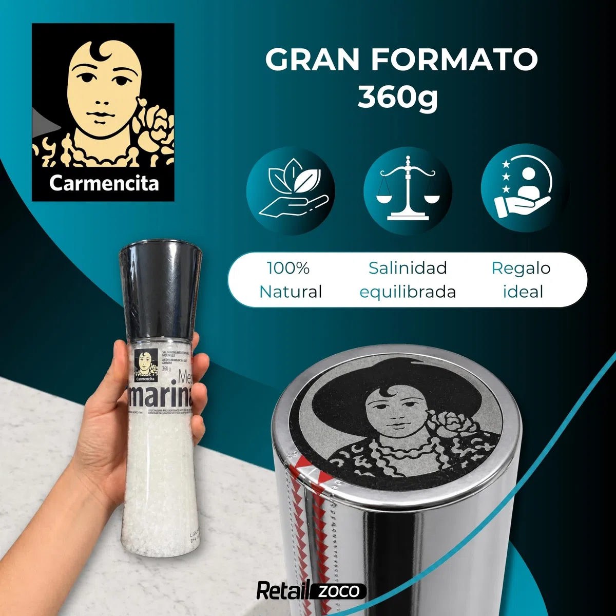 Sal Marina Mediterránea Carmencita, Formato molinillo gigante, Apta para realzar tus platos, sazonar carnes, pescados y verduras, especialmente a la parrilla, Sin Gluten, Contiene 2 unidades de 360 g