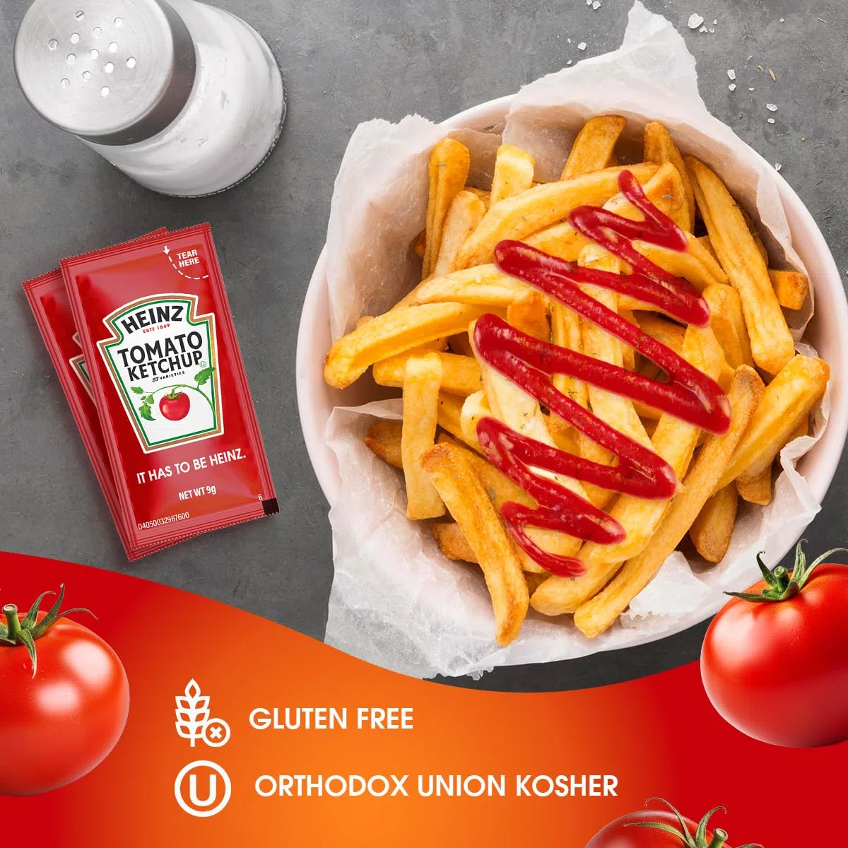 Heinz - Paquetes de ketchup, 100 unidades, paquete de condimentos de una sola porción, sin gluten, kosher, ketchup en bolsa de sellado deslizante segura para alimentos