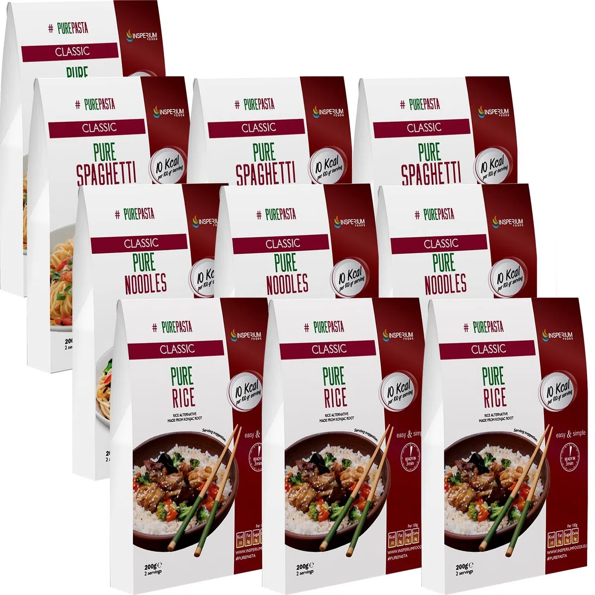 PurePasta Konjac Sin Gluten 3 Tallarines - 3 Arroz - 4 Espaguetis 10 Pack * 200 g | Shirataki Con Harina Gluten Free Con La Pasta Y Arroz Contra Intolerancia Gluten | Bajo En Calorias Y Carbohidratos