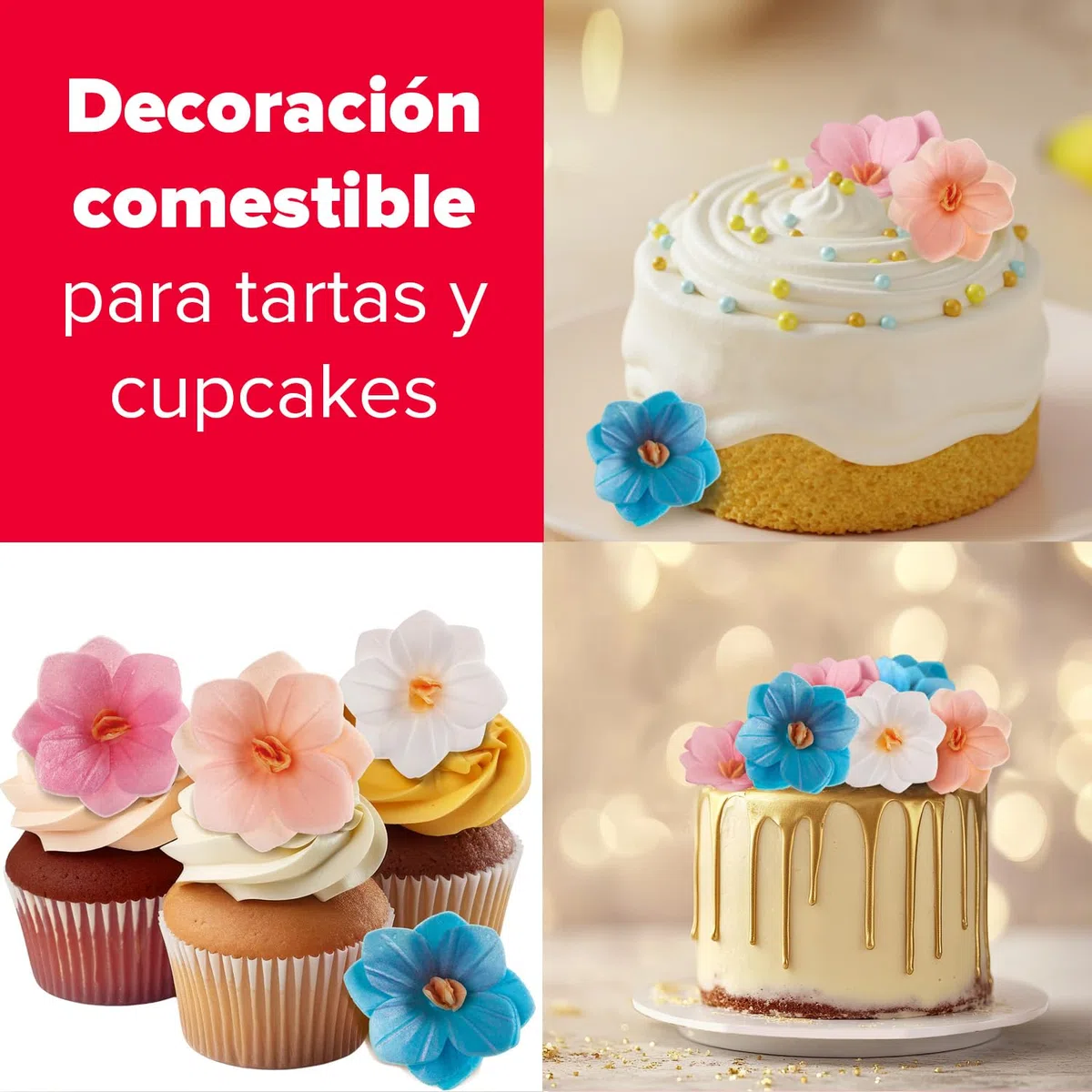 dekora – Flores Comestibles para tartas, 18 camelias blancas de oblea, 4 cm, sin azúcar, sin gluten, sin lactosa, Adornos Comestibles para Tartas, Cumpleaños y Bodas