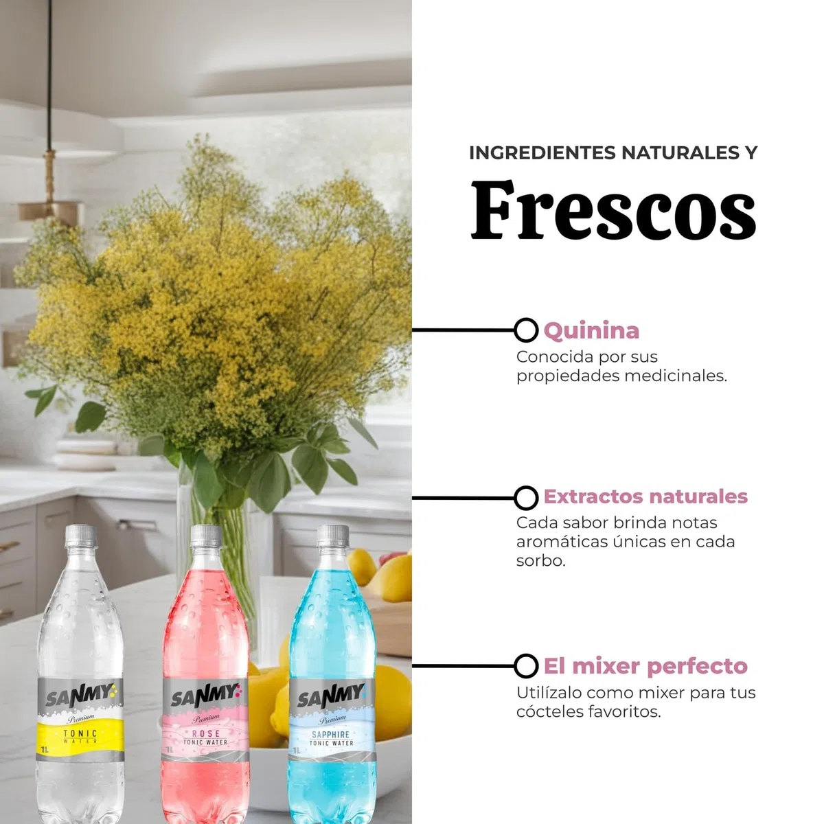 Sanmy Tónica Refrescante y Deliciosa para tus Cócteles - Pack de 6 botellas de 1L - Sabor Rose
