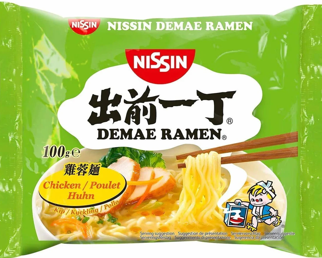 Nissin Demae Instant Noodles Ramen 8 PAQUETES MEZCLADOS - Tonkotsu, pollo, ternera, mariscos, sésamo picante, gambas, salsa de soja, pollo con ajo (100 g)