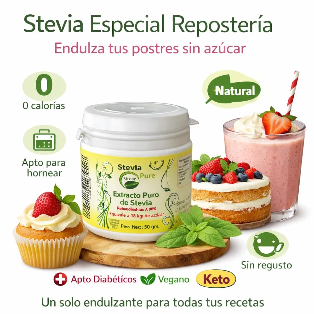 Stevia Gallega Pure green en Polvo (50g) – Extracto Puro al 98% Reb-A, Alta Concentración (1 Tarro = 18kg Azúcar) – Edulcorante Natural para Repostería, Postres y Cocina Saludable