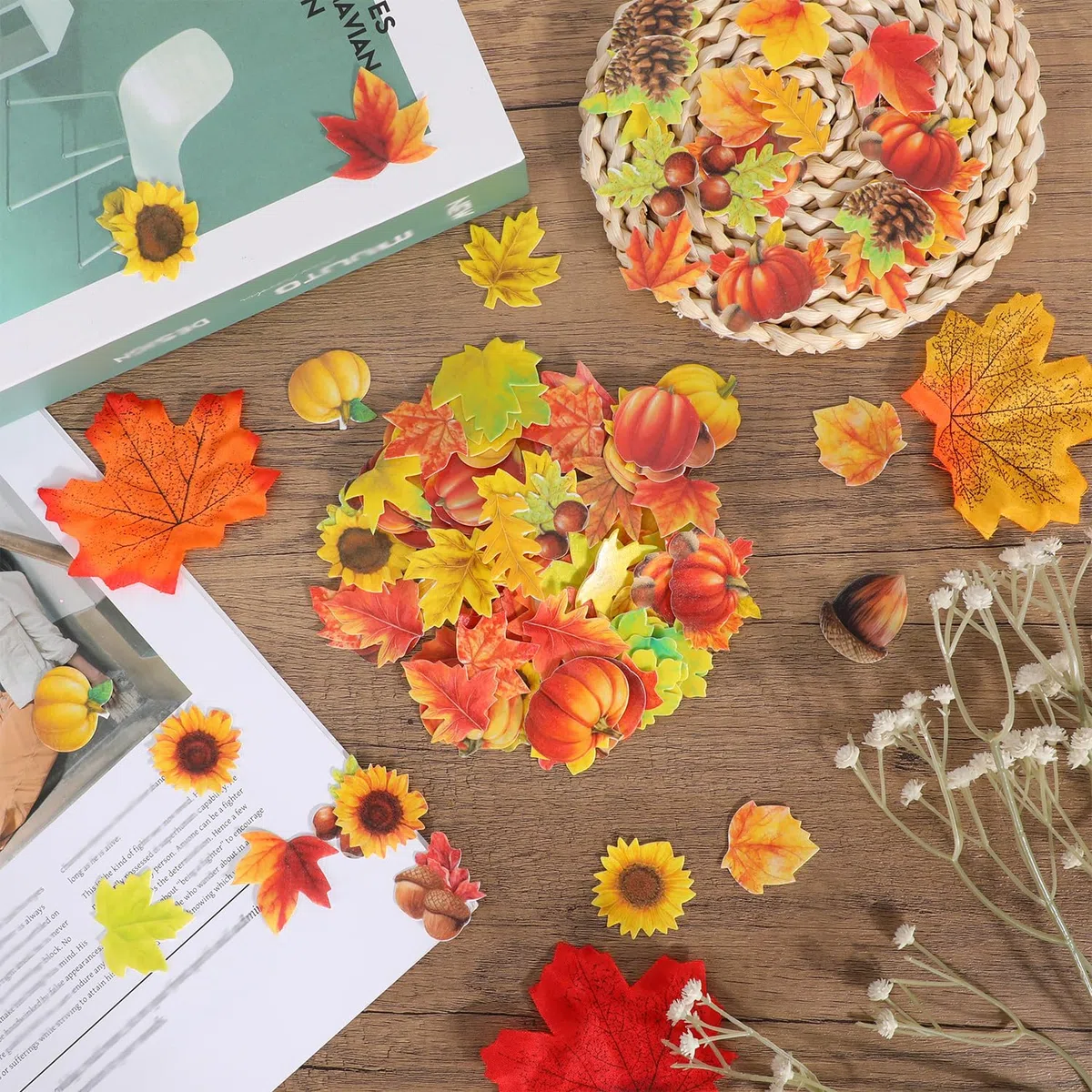 280uds Decoraciones Comestibles Pasteles de Otoño, Adornos Tartas Comestibles con Motivos Otoñales Incluye Patrone Hojas de Arce Calabazas Girasoles Avellanas Bellotas(40 Estilos)
